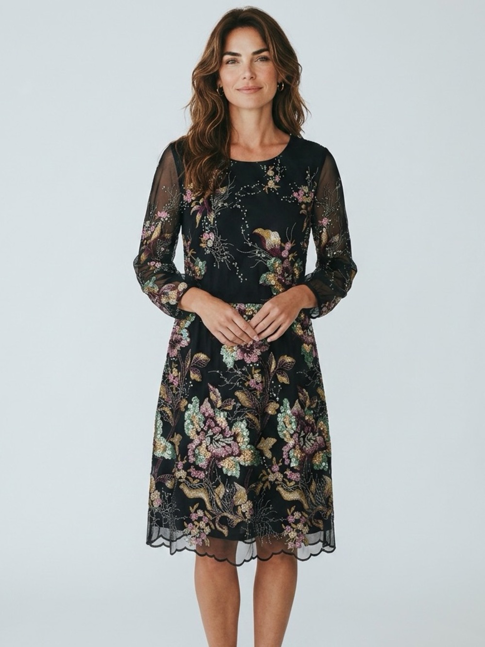 Badgley Mischka Black Midi Dress with Floral Embroidery